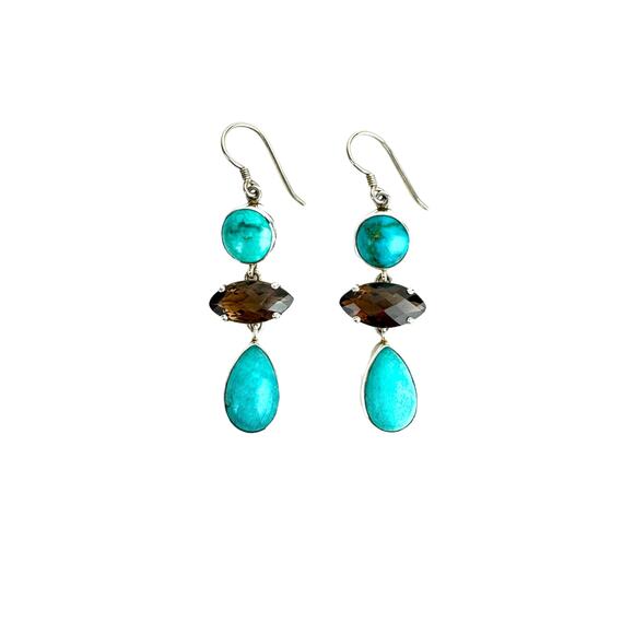 Amazonite AZ Turquoise Smokey Quartz Sterling 925 Earrings - Picture 1 of 5